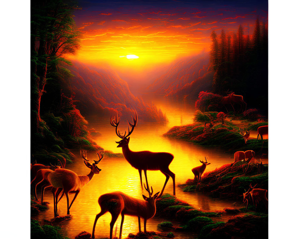 Digital Artwork: Deer by River in Forest at Sunset