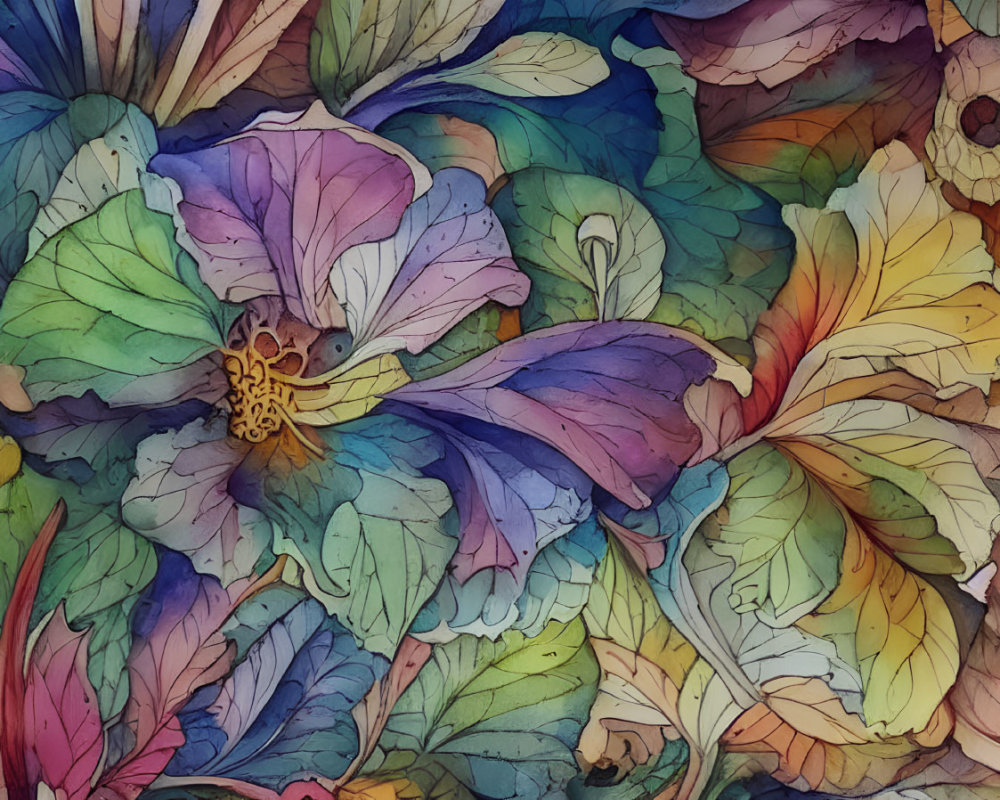 Colorful Watercolor Painting of Overlapping Leaves and Flowers