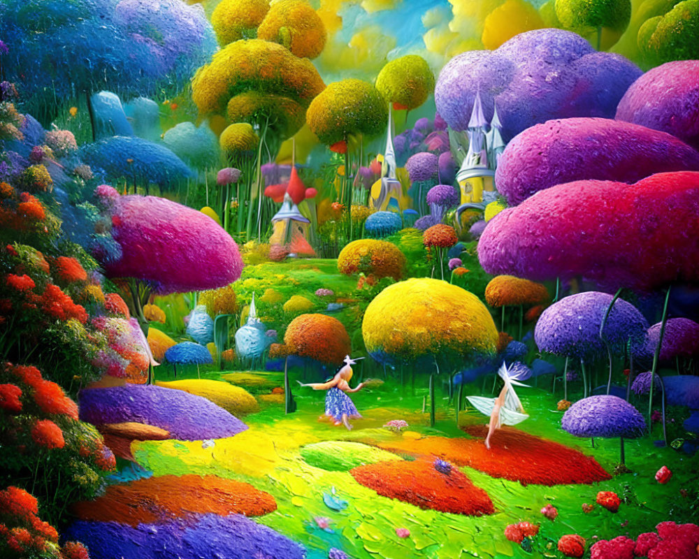 Colorful Fantasy Landscape with River, Whimsical Structures, and Figures