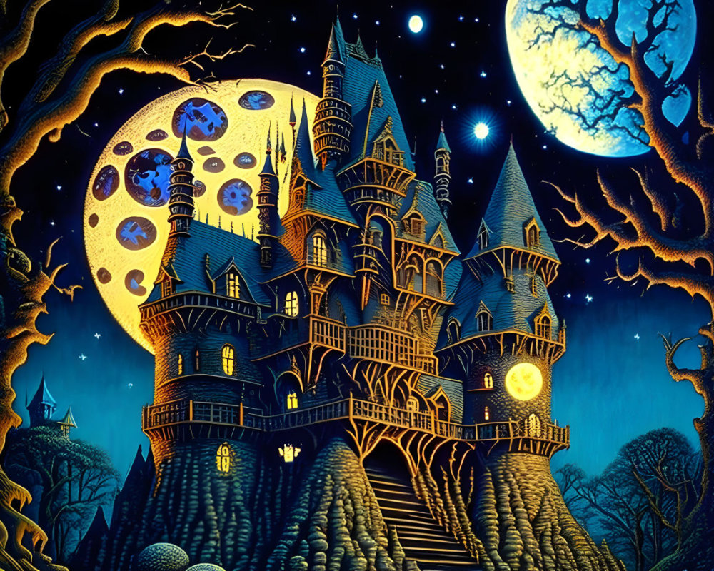 Whimsical castle at night with moon and stars against dark sky