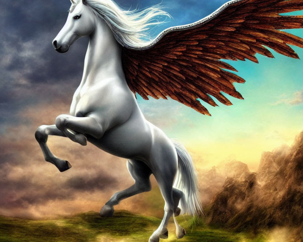 White Winged Horse Rearing Against Dramatic Sky