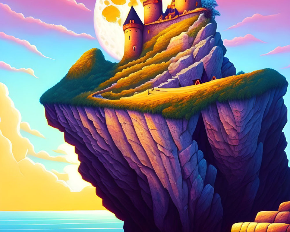 Vibrant fantasy artwork: castle on floating island above ocean at sunset