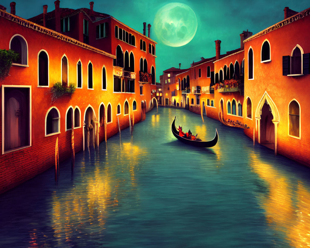 Gondola floating under full moon on calm Venetian canal