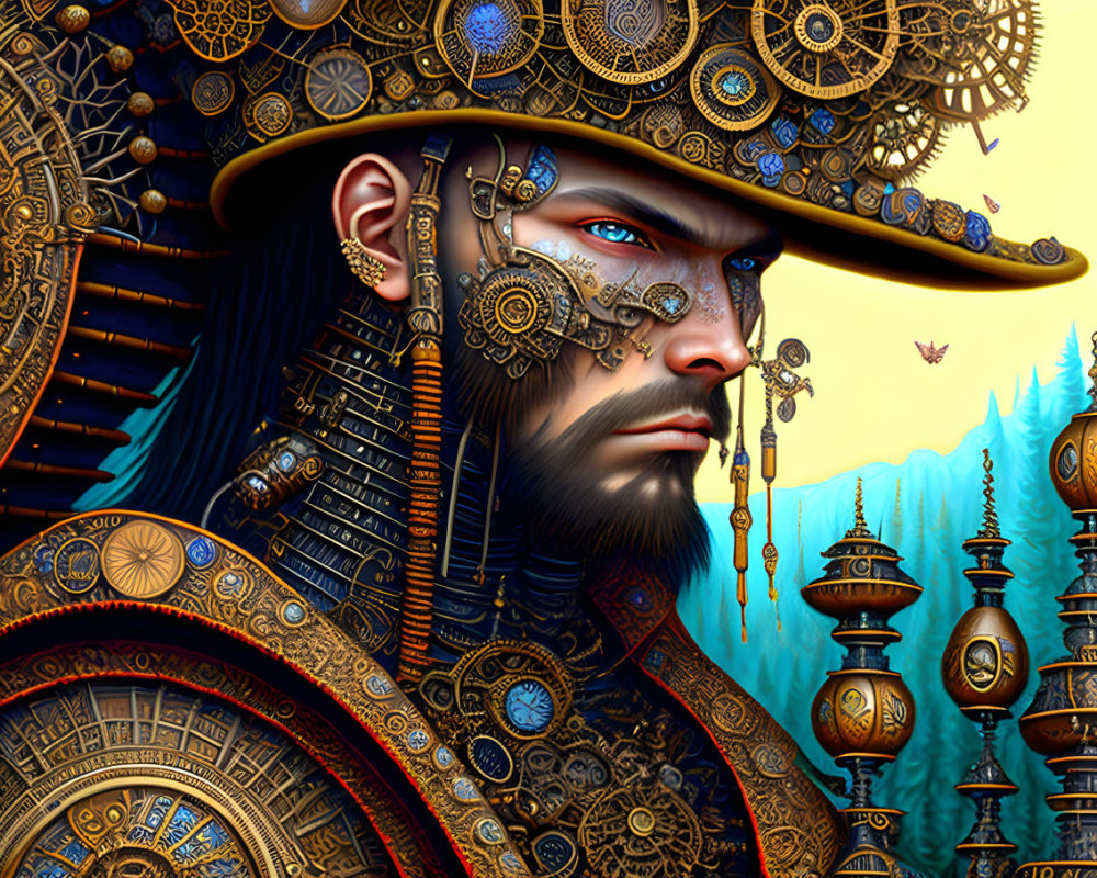 Steampunk-inspired man with mechanical gears and ornate metallic adornments.