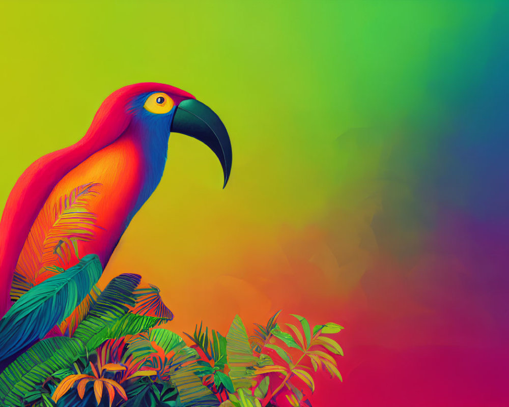 Colorful Toucan Illustration with Rainbow Background and Lush Green Foliage