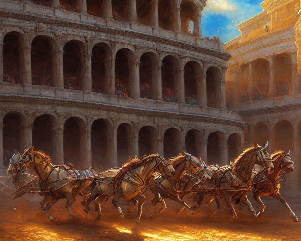 Ancient Roman Colosseum chariot race with horses in mid-gallop