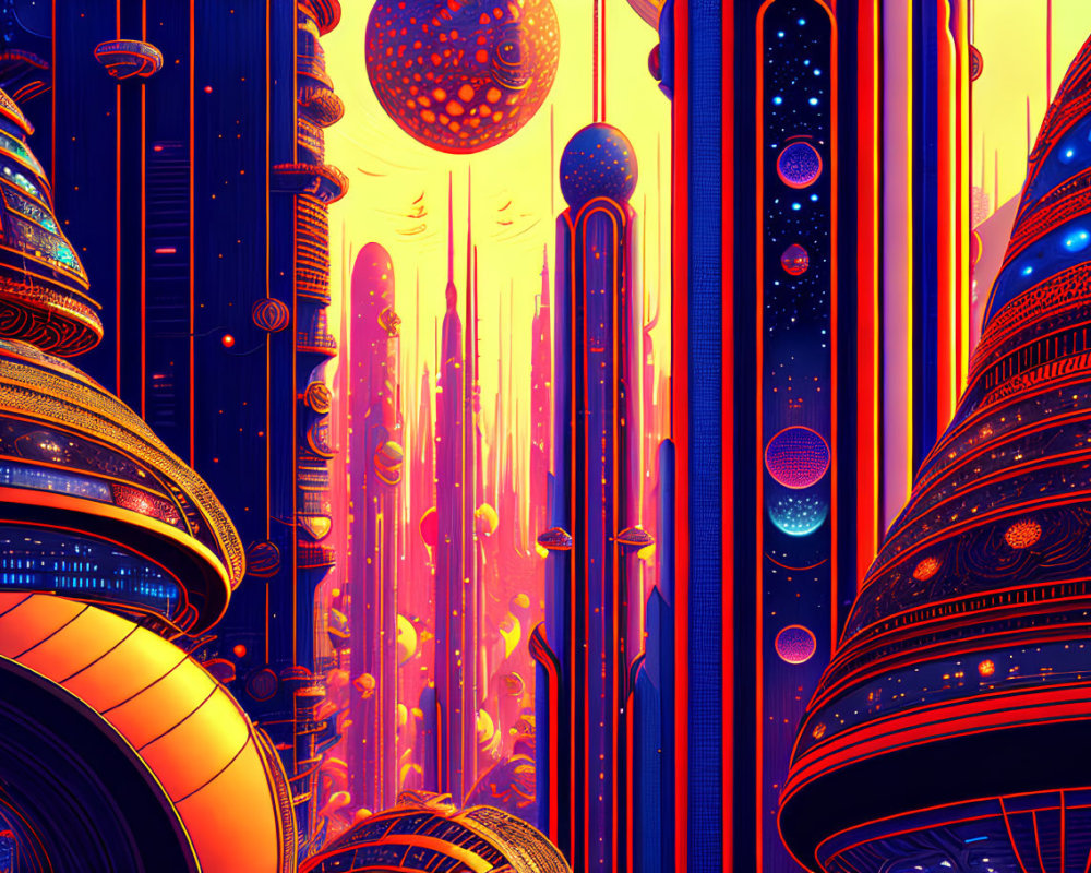 Futuristic cityscape with towering skyscrapers and neon lights