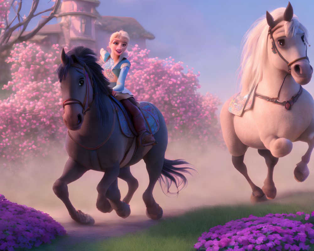 Animated girl riding dark and white horses in dreamy landscape with purple flowers and pink trees