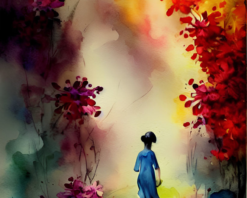 Young girl in blue dress among colorful foliage in dreamy watercolor.