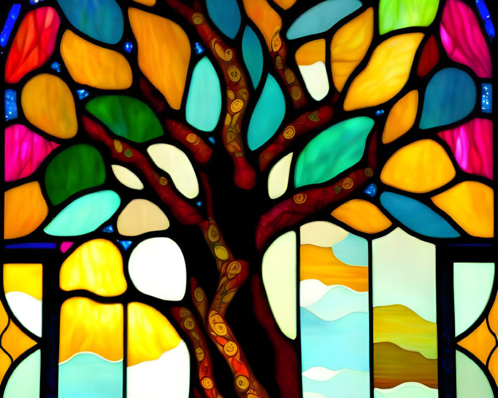 Vibrant stained glass window with tree and colorful leaves against sky and hills