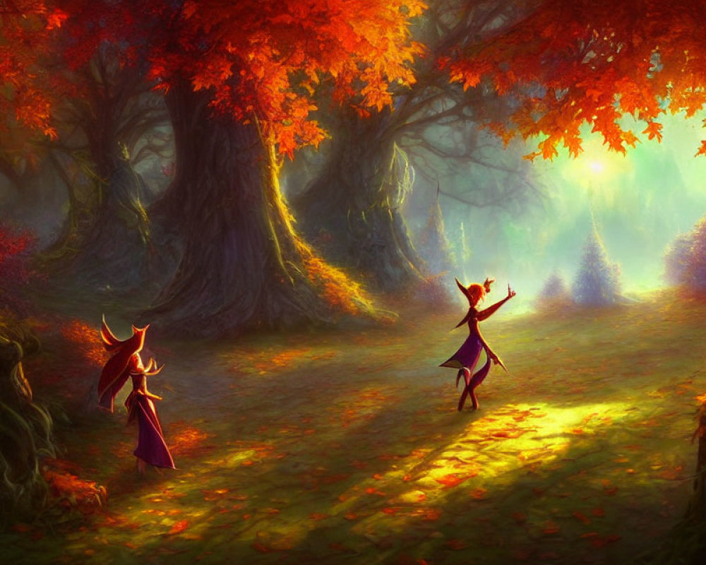 Vibrant autumn forest with animated figures among sunlit trees