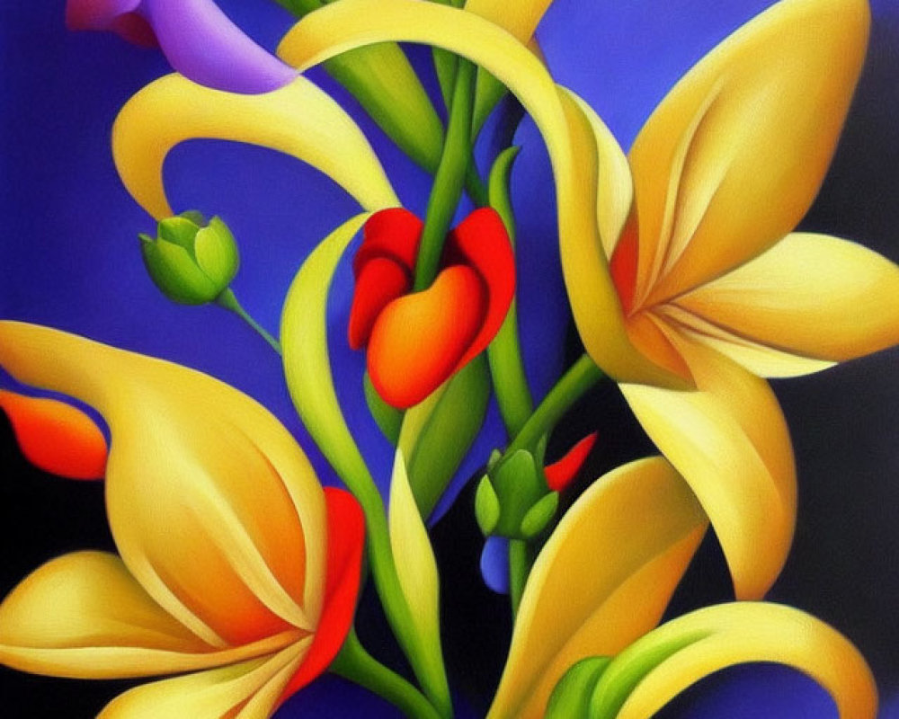 Colorful Flower Painting with Yellow Lilies and Red Calla Lilies on Blue Background