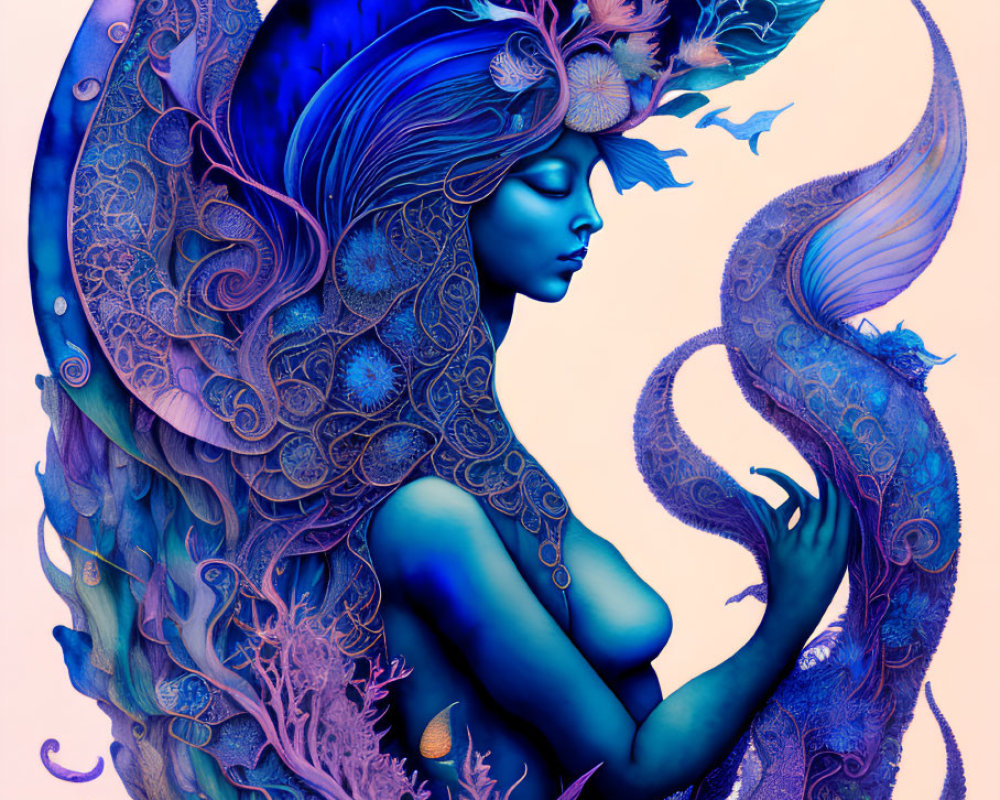 Fantasy illustration of woman with blue and purple peacock-inspired adornments and floral designs