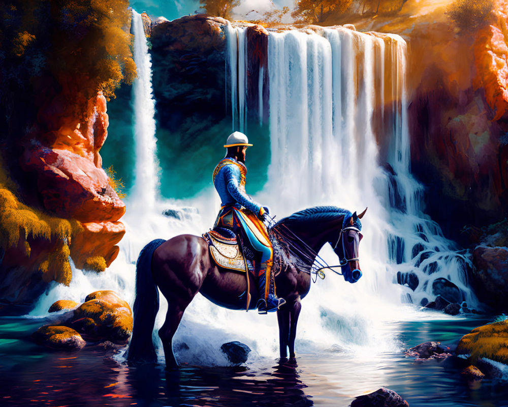 Historical armored rider near lush waterfall landscape