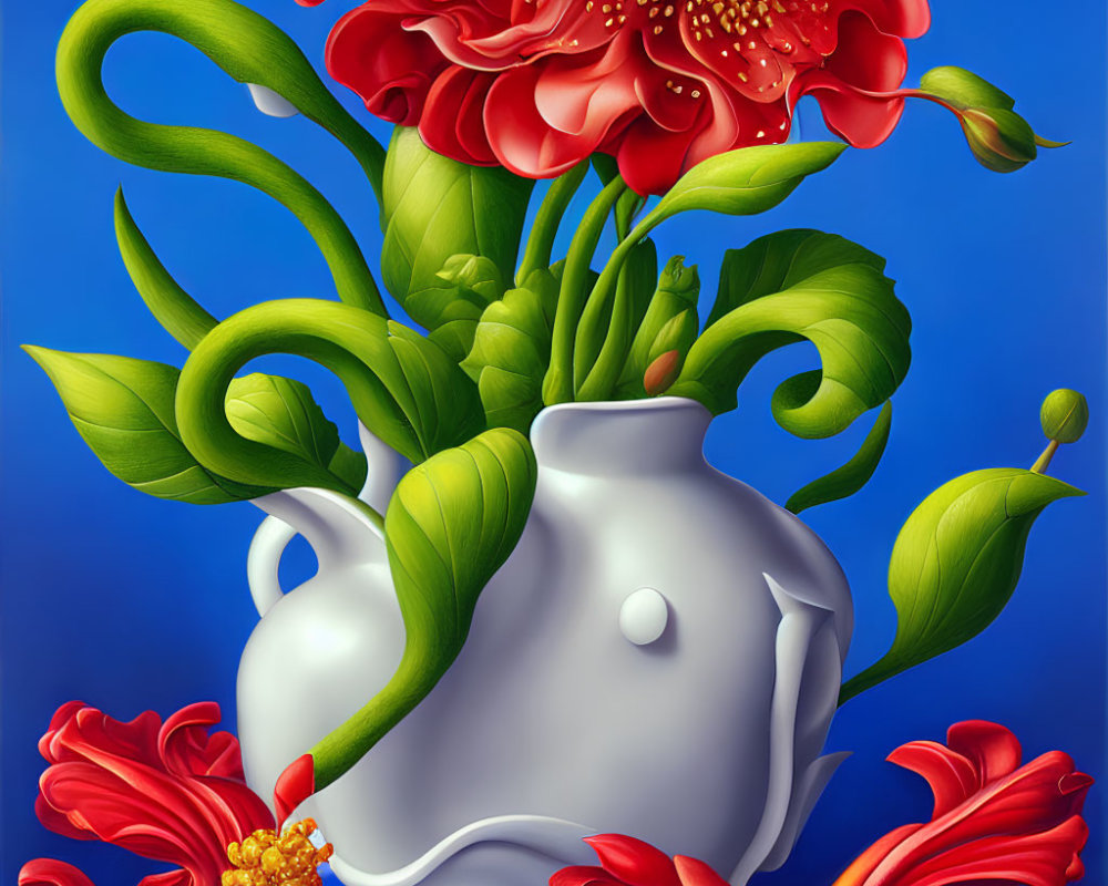 Detailed Red Flowers in White Vase on Blue Background