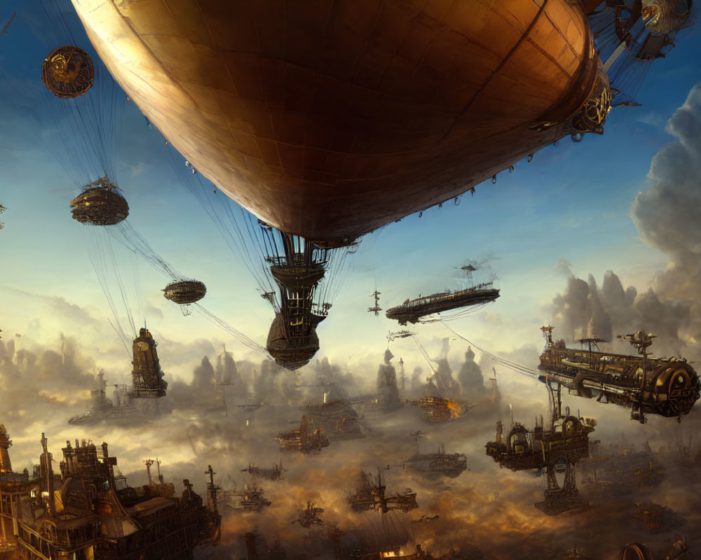 Steampunk Cityscape with Airships and Industrial Structures