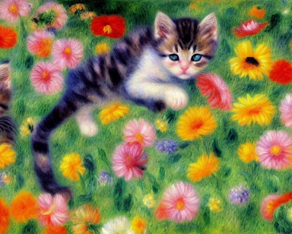 Two kittens in colorful flower field on sunny day