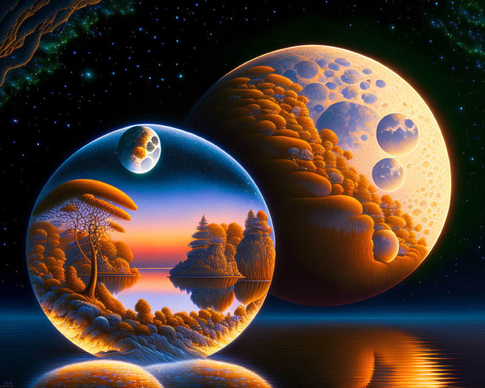 Surreal landscape with celestial bodies reflected in water