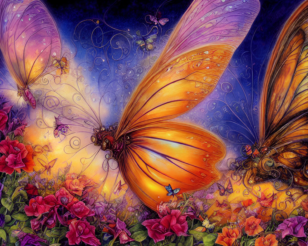 Colorful Butterflies and Roses Illustration on Purple Background