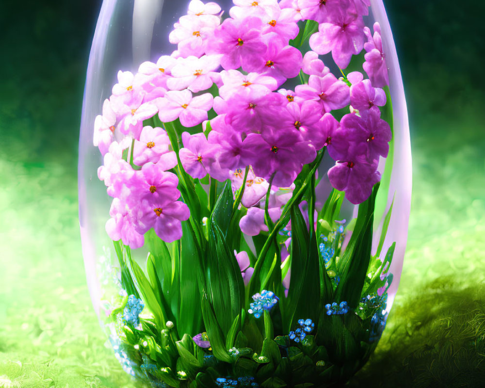 Egg-shaped vessel with pink flowers and green foliage on green backdrop