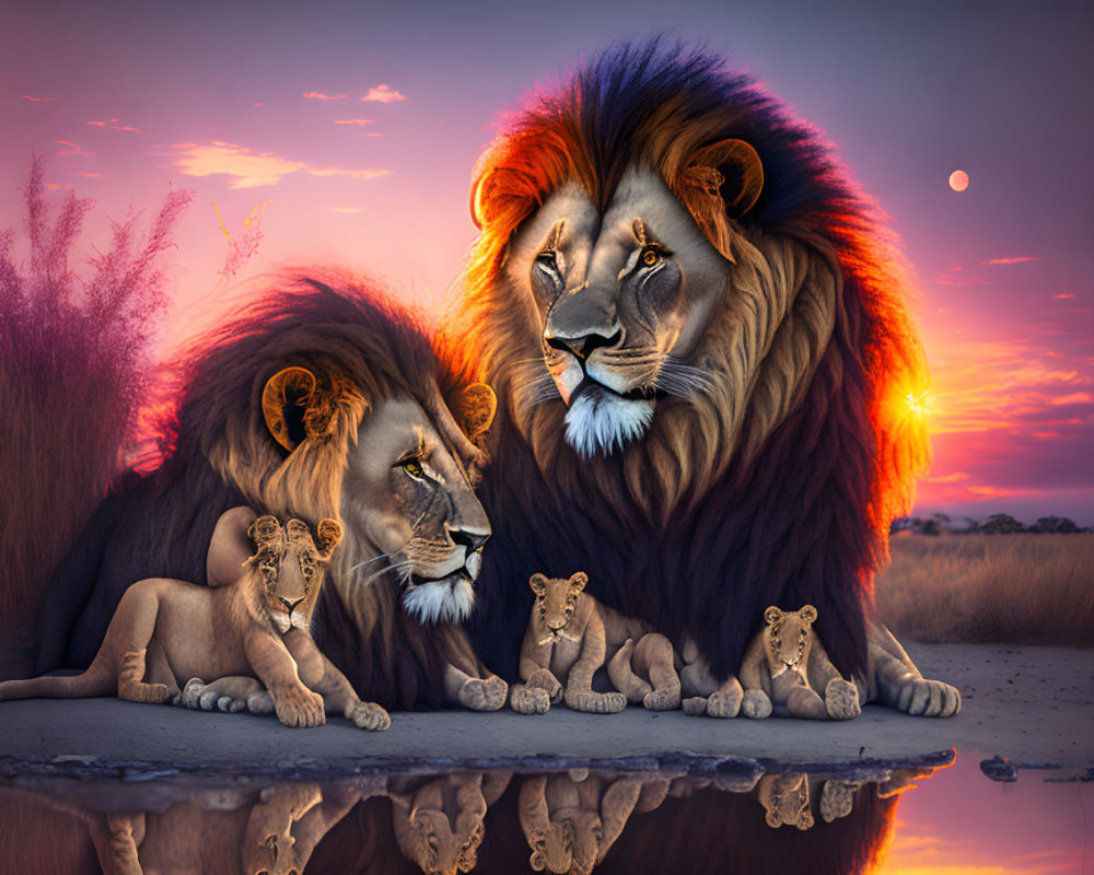 Lion pride with adult lions, cubs by water at sunset