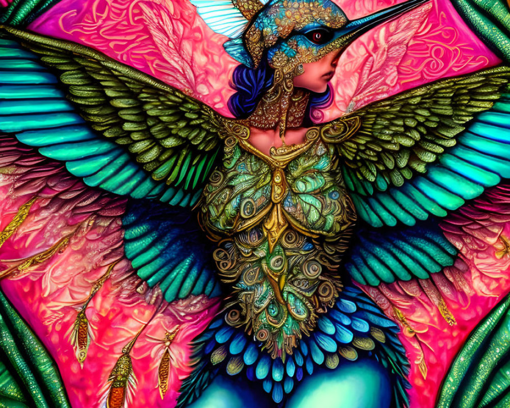 Vibrant digital artwork of fantastical female creature with hummingbird features