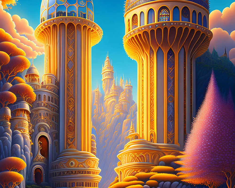 Detailed Fantasy Illustration of Ornate Golden Structures in Sunset Sky