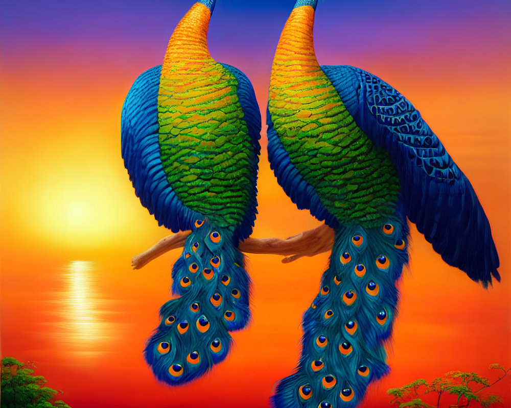 Colorful Peacocks Perched on Branch with Ocean Sunset Background