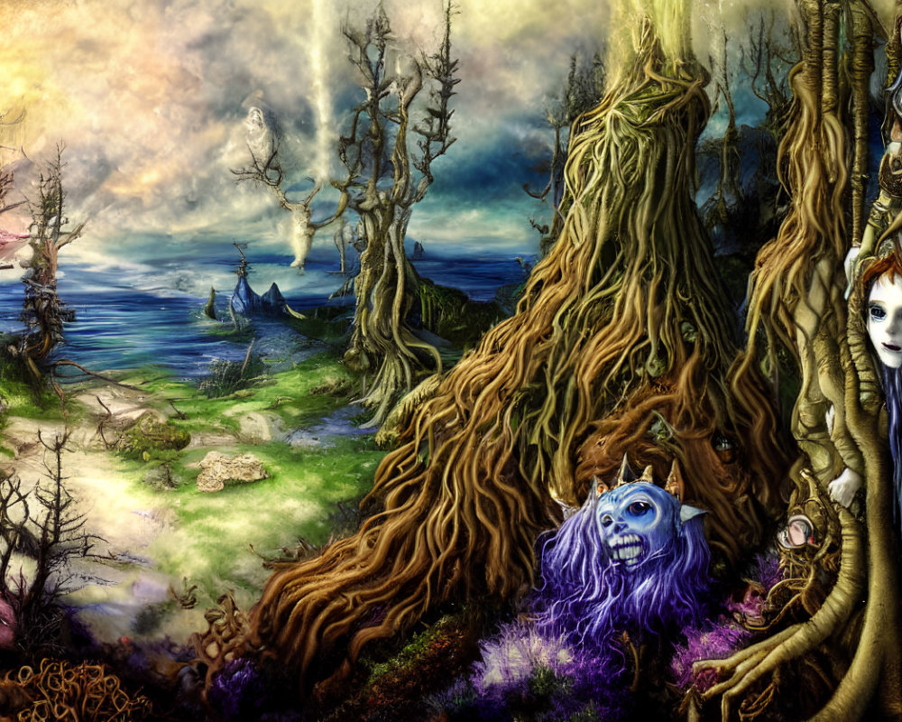 Fantasy landscape with ethereal trees, colorful flora, mystic sea, and surreal characters