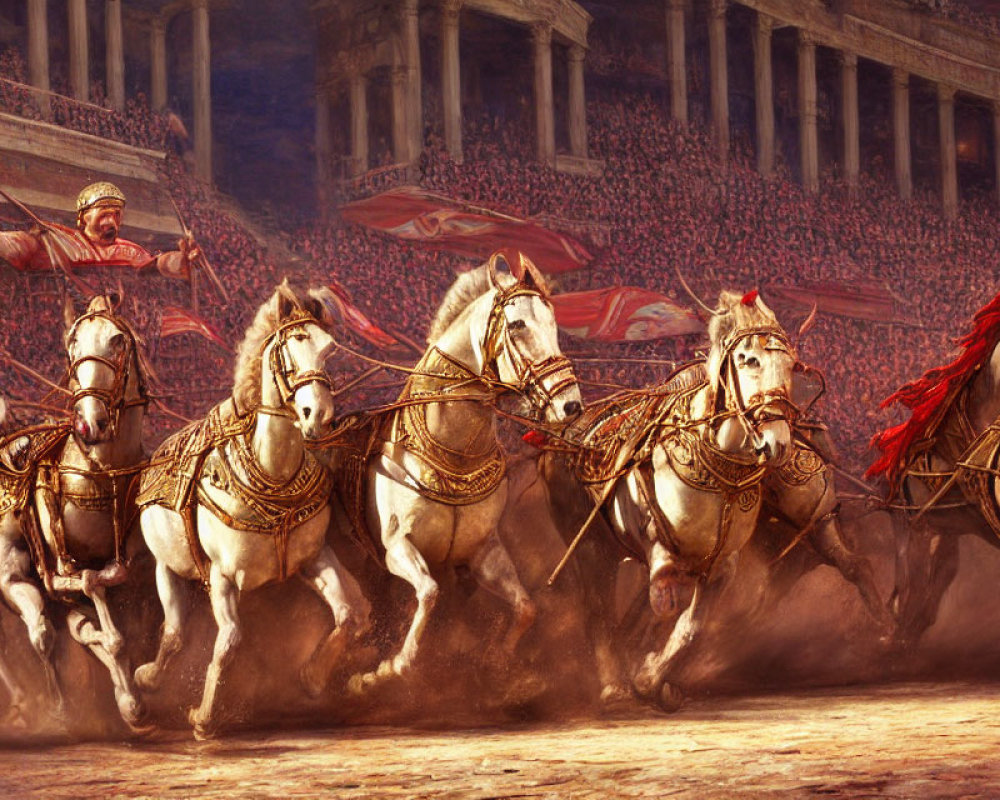 Ancient arena scene: Chariot race with four white horses, focused charioteer,