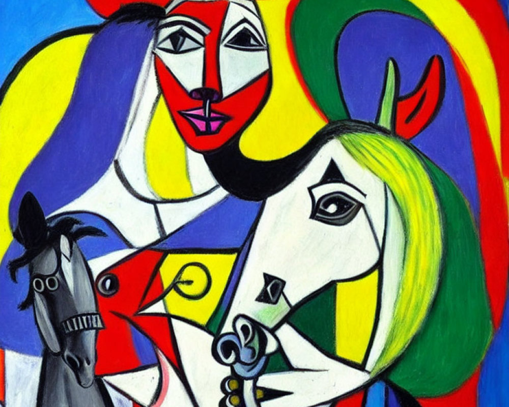 Woman and horse in bold colors with cubist influences and geometric shapes