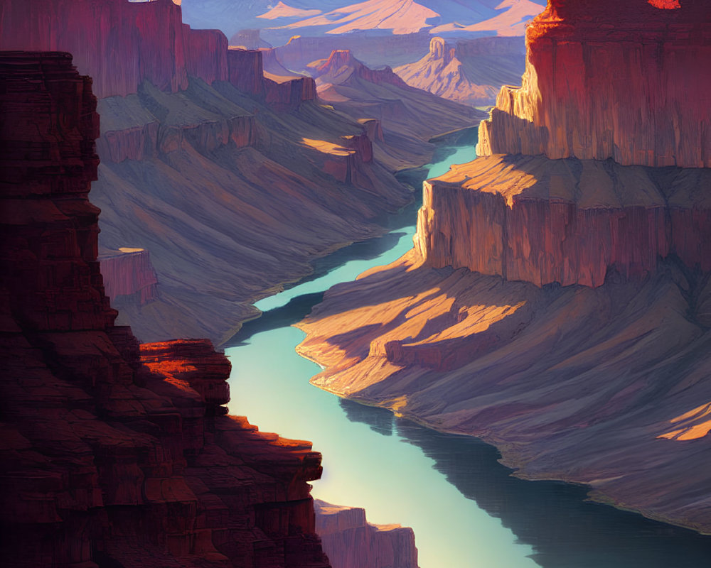 Grand Canyon illustration: steep cliffs, winding river, warm sunset hues