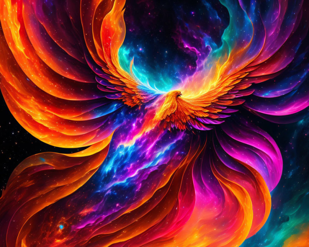 Colorful Phoenix Art Flying in Cosmic Space