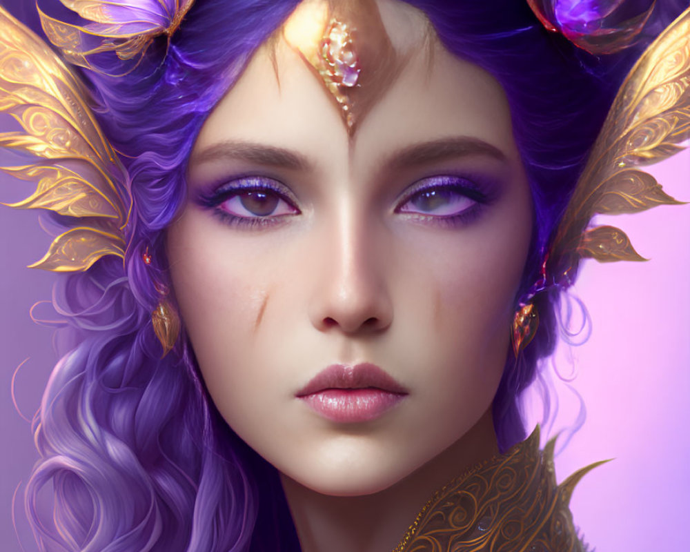 Fantasy portrait of female figure with purple hair and butterfly wings