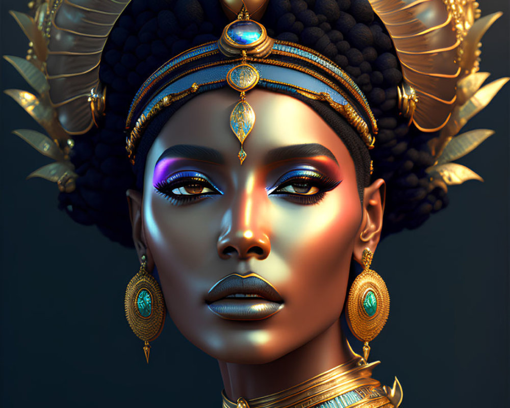 Intricate gold jewelry adorns regal woman in digital portrait