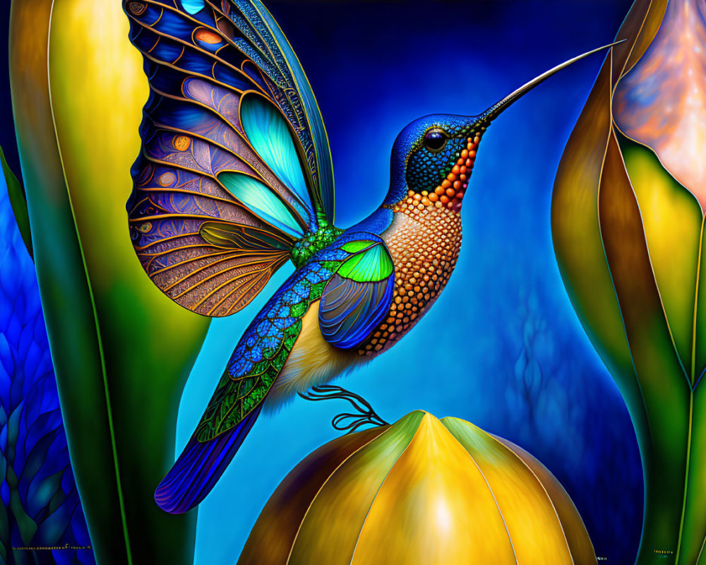 Colorful Stylized Hummingbird Art with Metallic Hues and Golden Flower