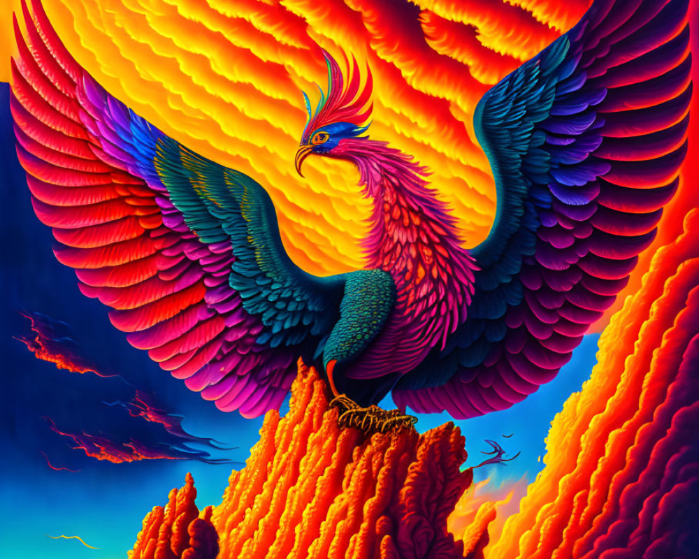 Colorful Phoenix Soars Over Mountain in Vibrant Scene