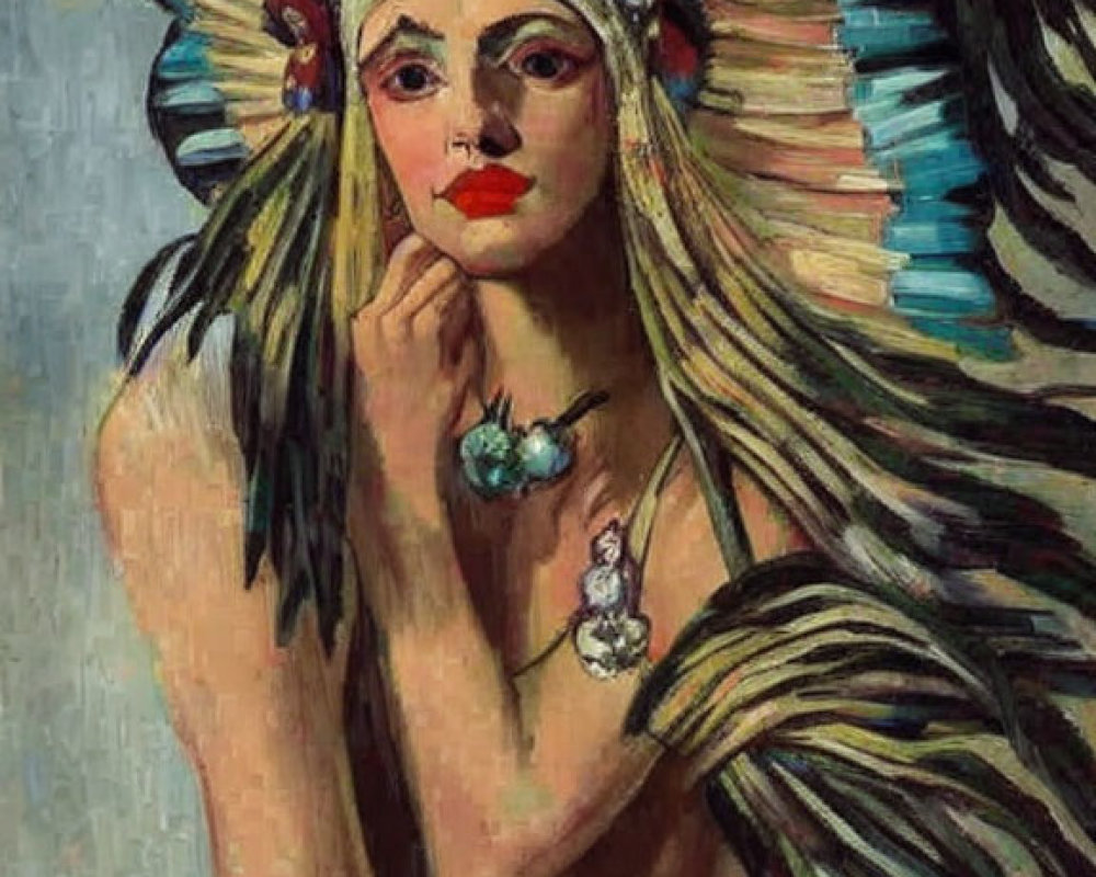 Portrait of Woman in Feathered Headdress and Jewelry with Blurred Background