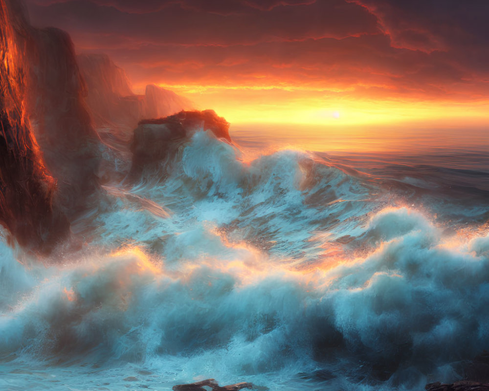 Fiery sunset seascape with crashing waves and cliffs