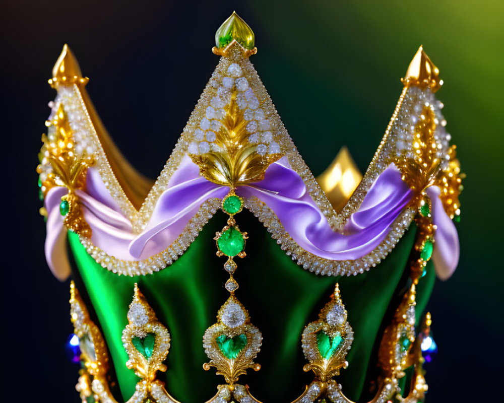 Jewel-encrusted crown with green velvet, gold accents, purple silk on dark background