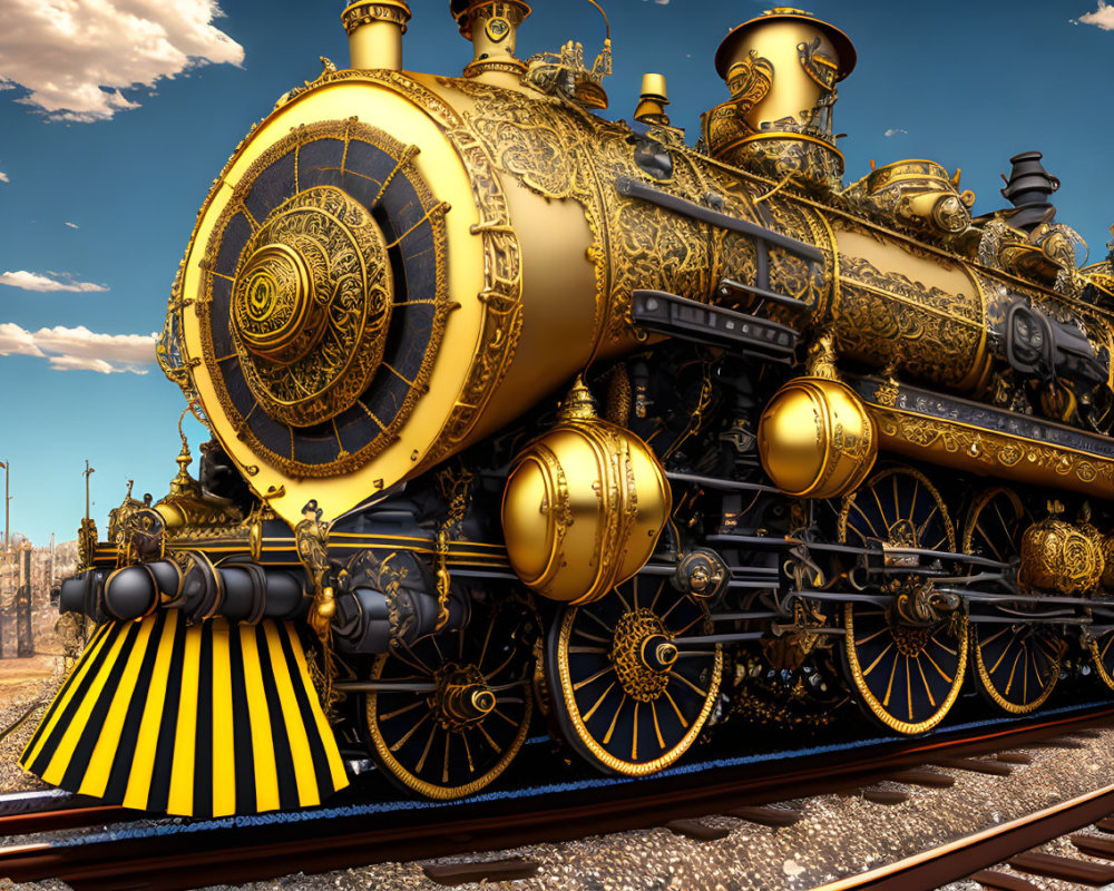 Golden Steampunk Locomotive with Elaborate Designs on Tracks