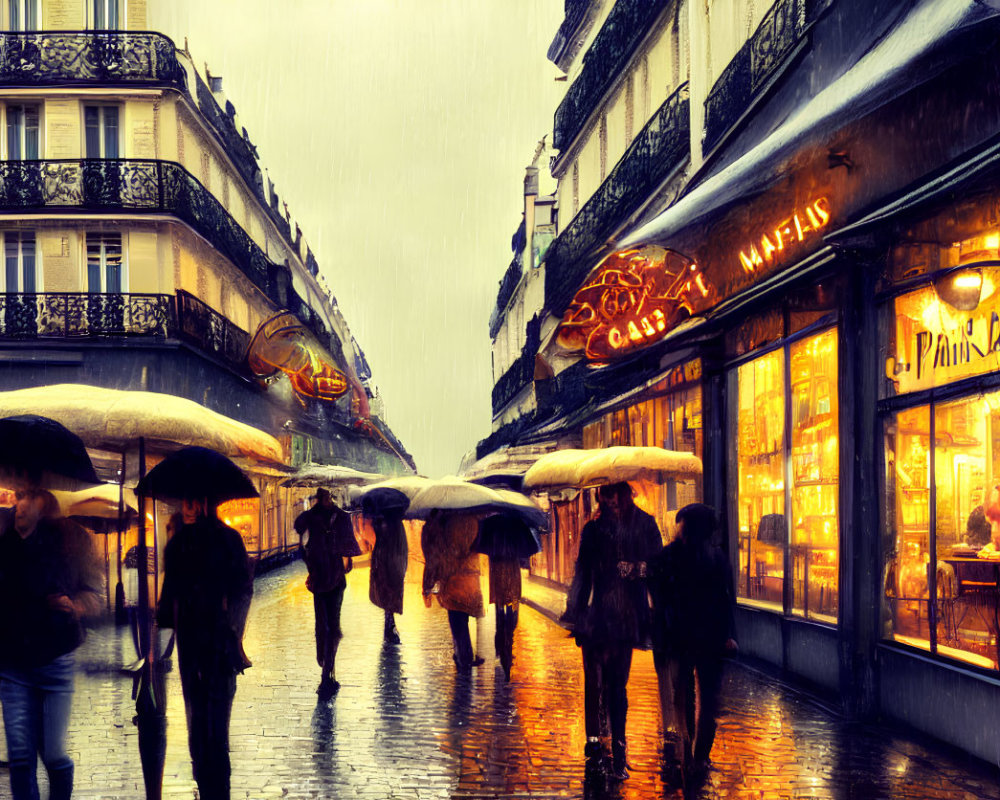 Parisian Street Scene: Rainy Day with Umbrellas, Café Glow, Wet Cobblestones