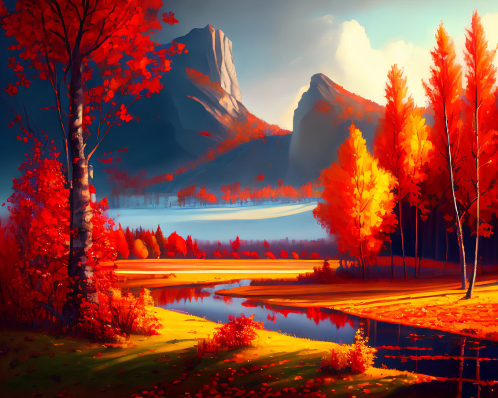 Scenic autumn landscape with red and orange trees, lake, and mountains