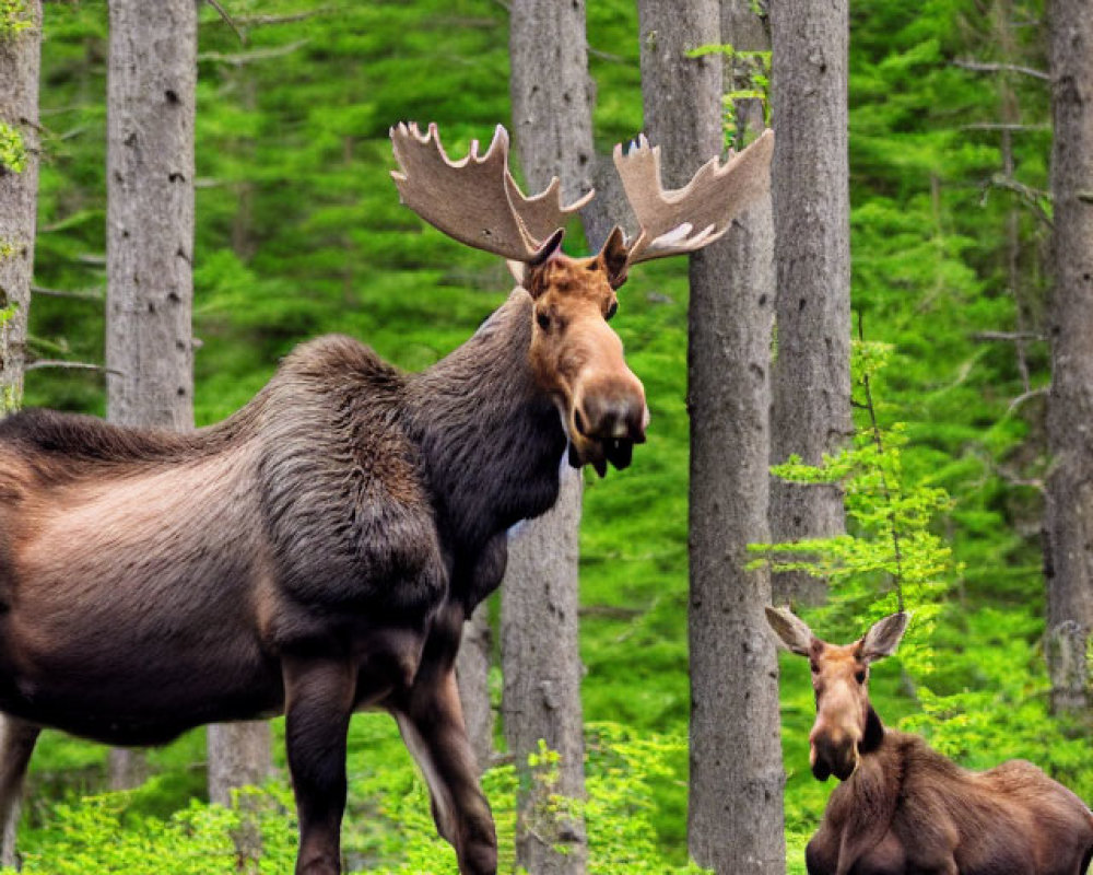 Adult and young moose with large antlers in lush green forest