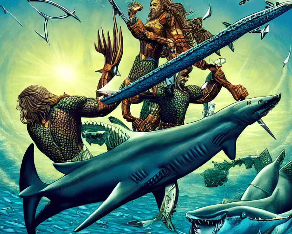 Illustrated underwater scene with warriors riding sharks amidst marine life