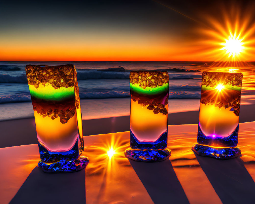 Vibrant Sunset Beach Cocktails with Colorful Reflections