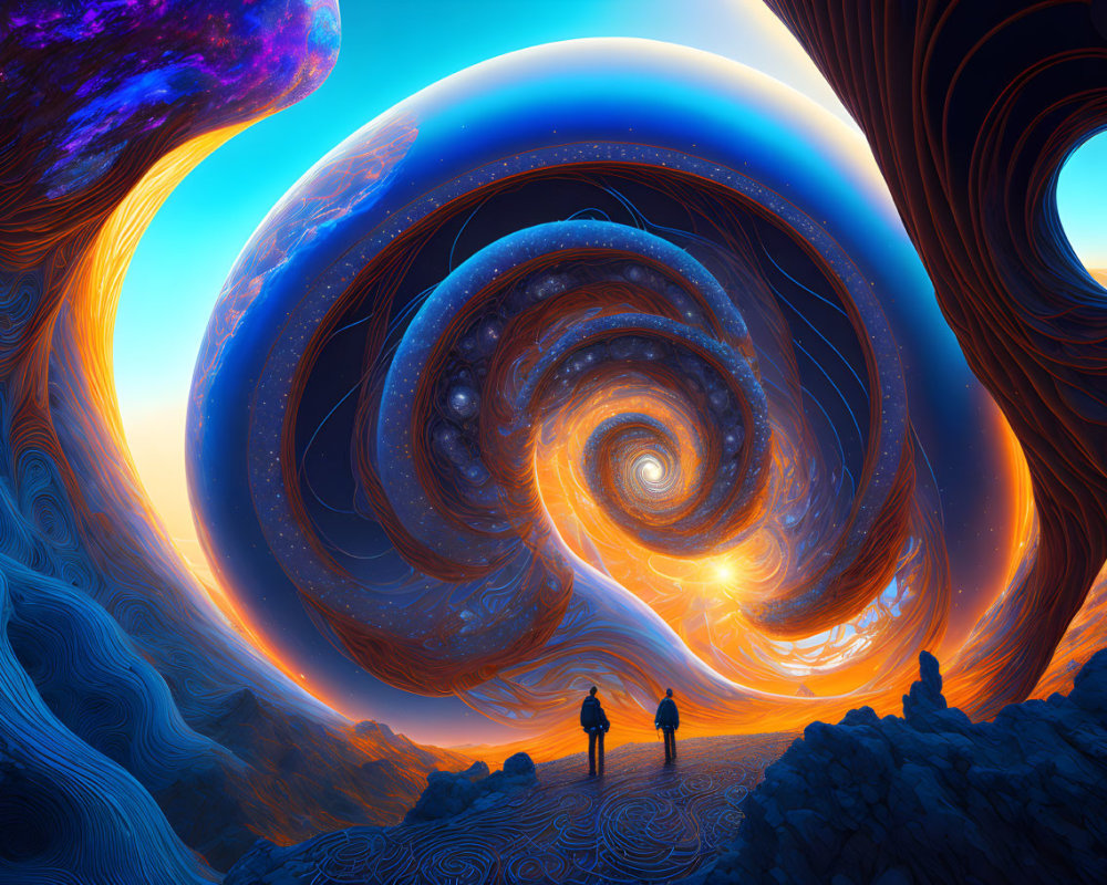 Silhouetted figures in cosmic vortex with celestial bodies and colorful sky