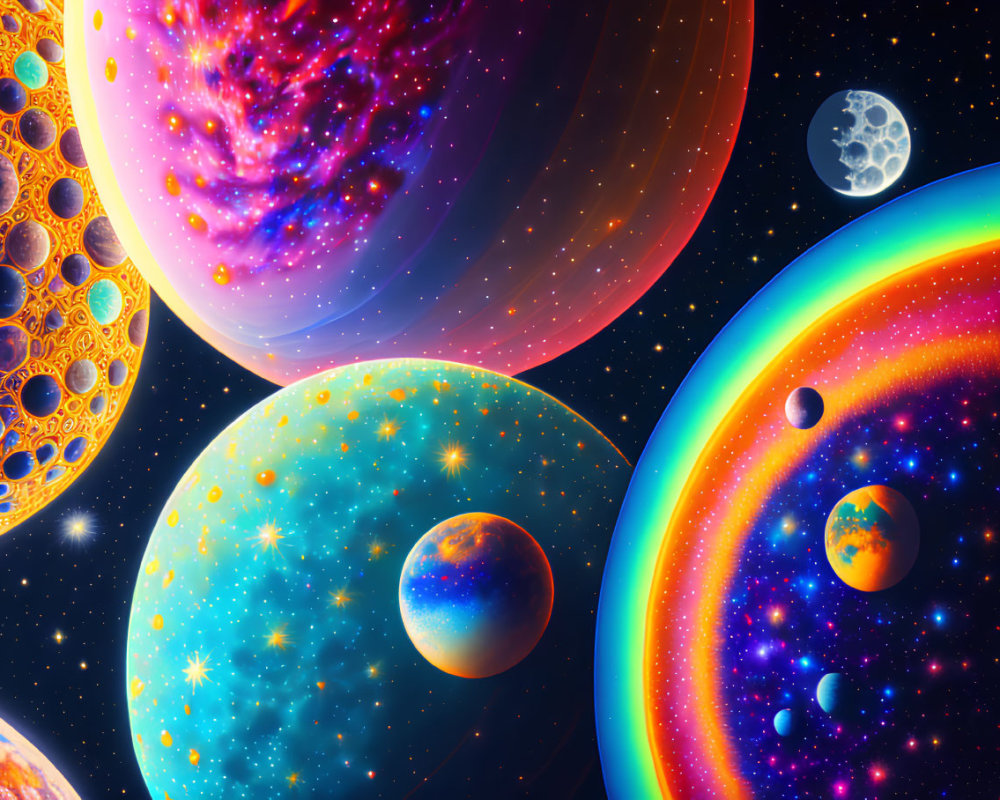 Colorful Textured Planets in Vibrant Cosmic Scene