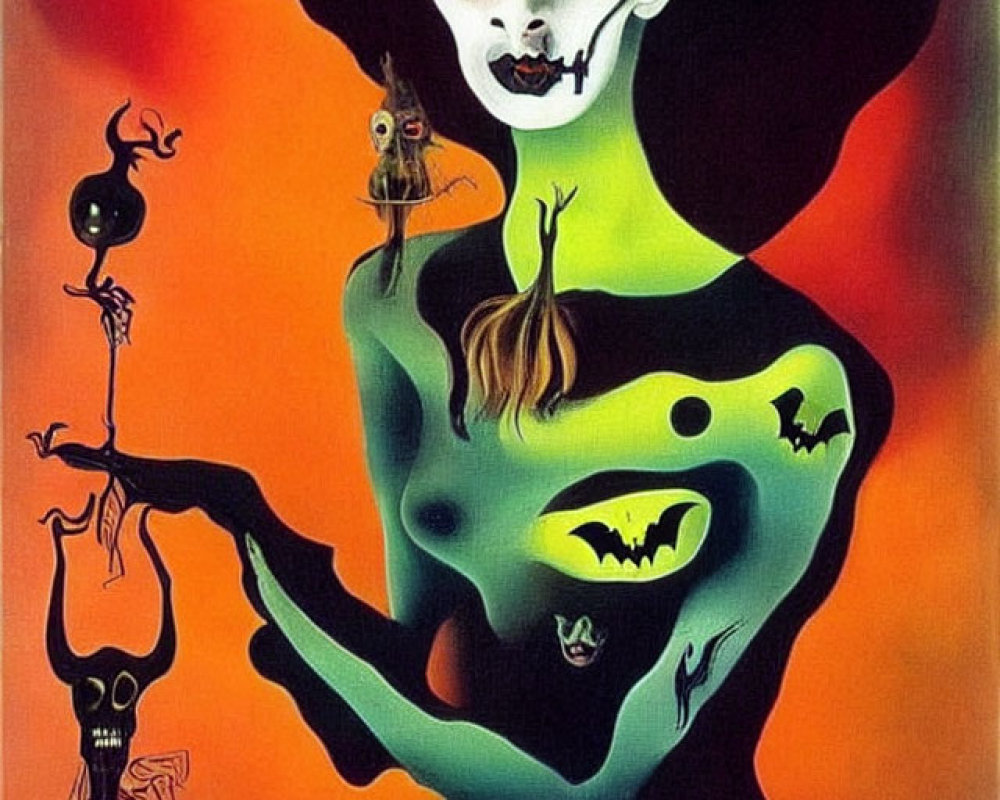 Vibrant Halloween-themed artwork with skeletal figure and night scene