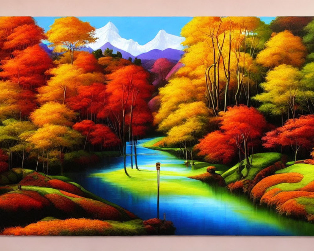 Scenic autumn forest painting with river and mountains